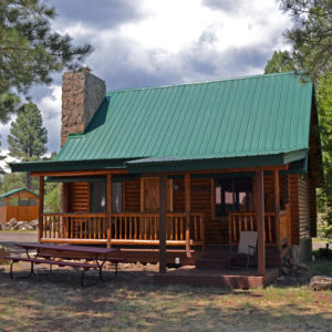 A cabin with green roof and picnic table in front.