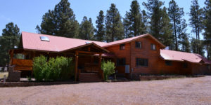 A large wooden house with trees in the background.